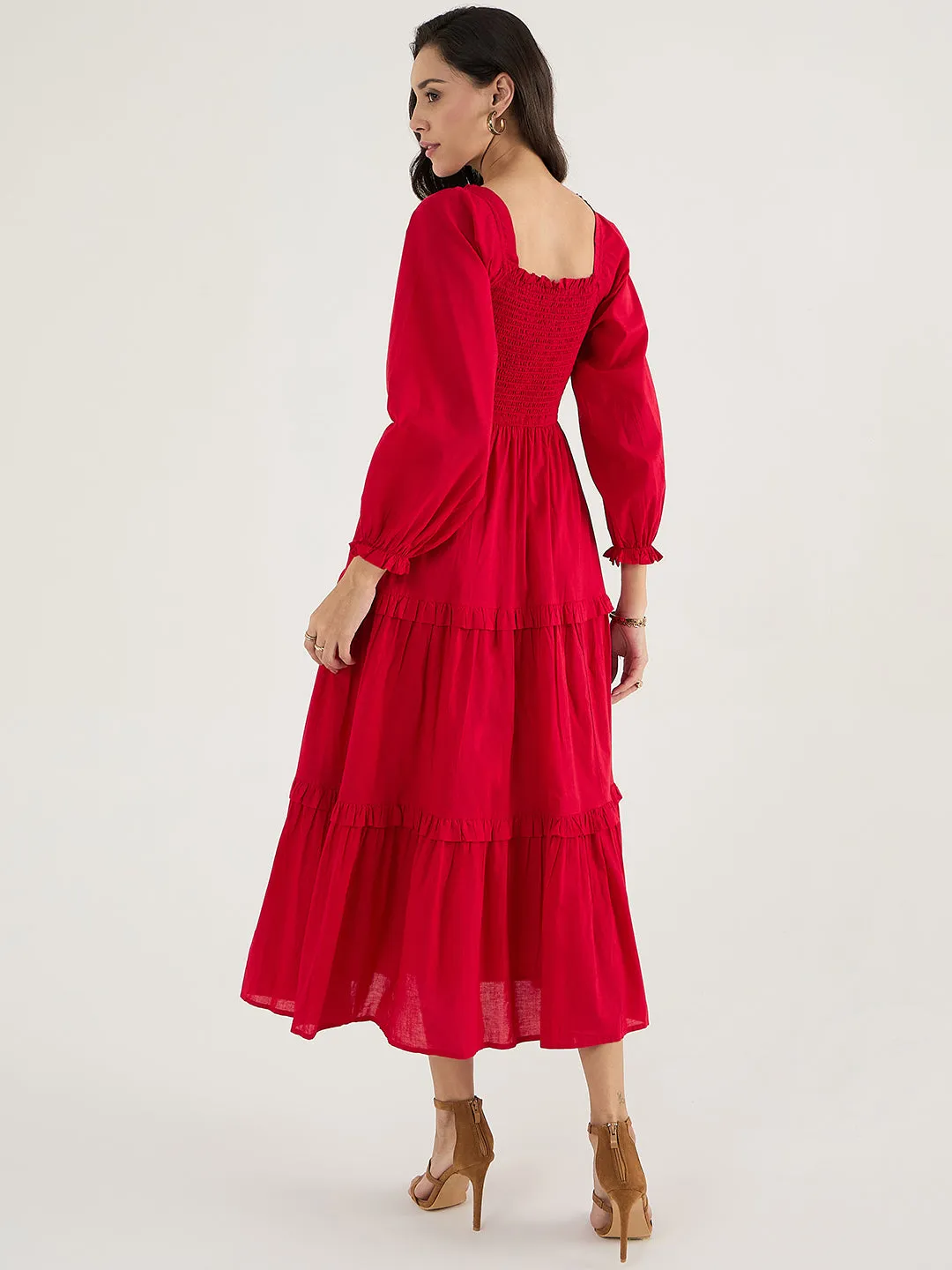 Red Cotton Smocked Maxi Dress