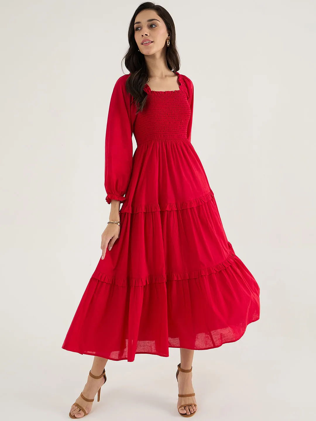 Red Cotton Smocked Maxi Dress