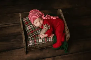 Red Holiday footed Taran newborn romper with bonnet add-on