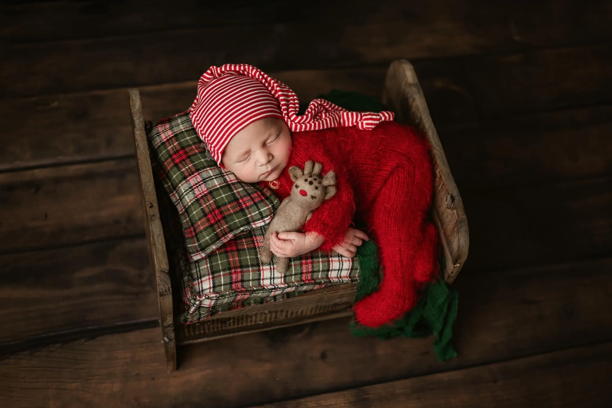 Red Holiday footed Taran newborn romper with bonnet add-on