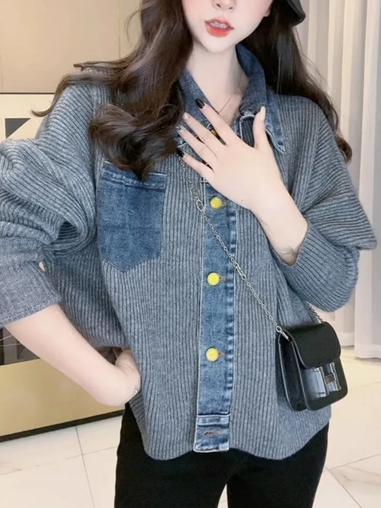 Retro Denim knitted Women Jacket Top
