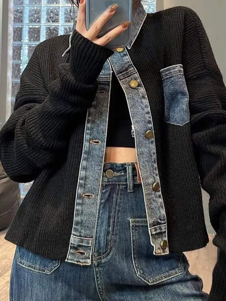 Retro Denim knitted Women Jacket Top