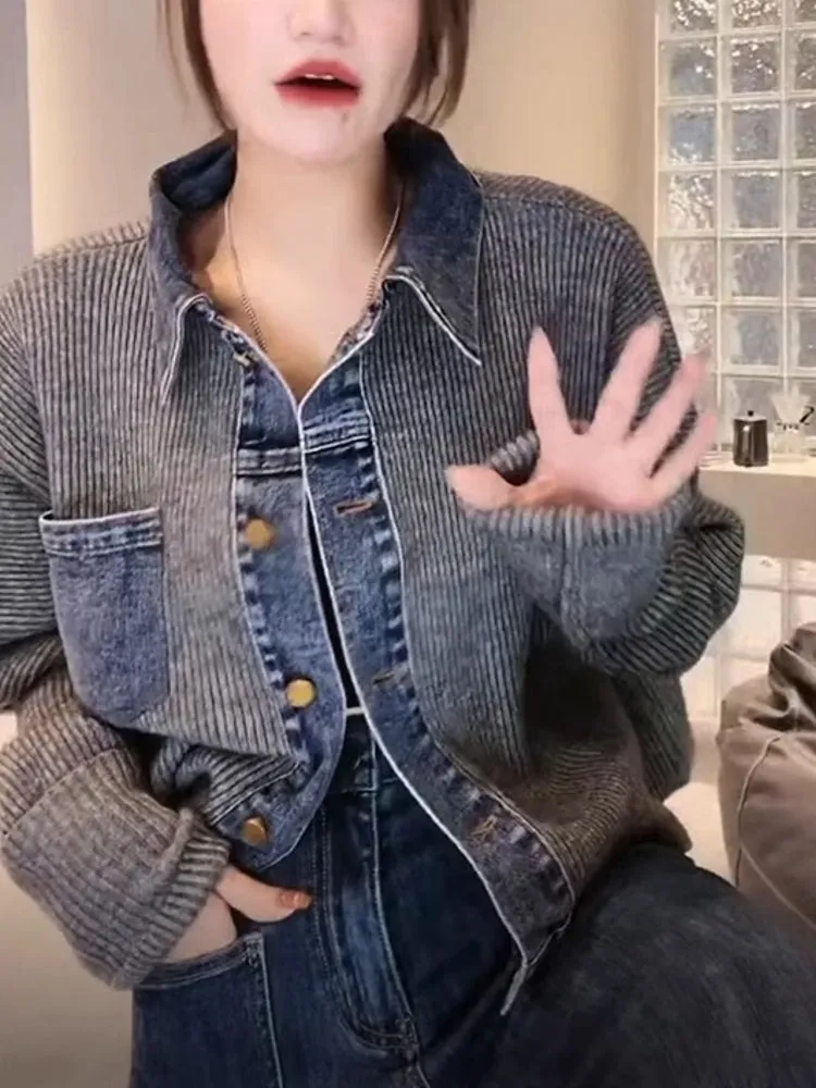 Retro Denim knitted Women Jacket Top