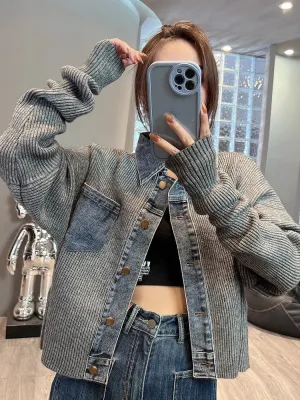 Retro Denim knitted Women Jacket Top