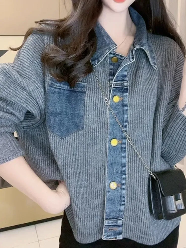 Retro Denim knitted Women Jacket Top