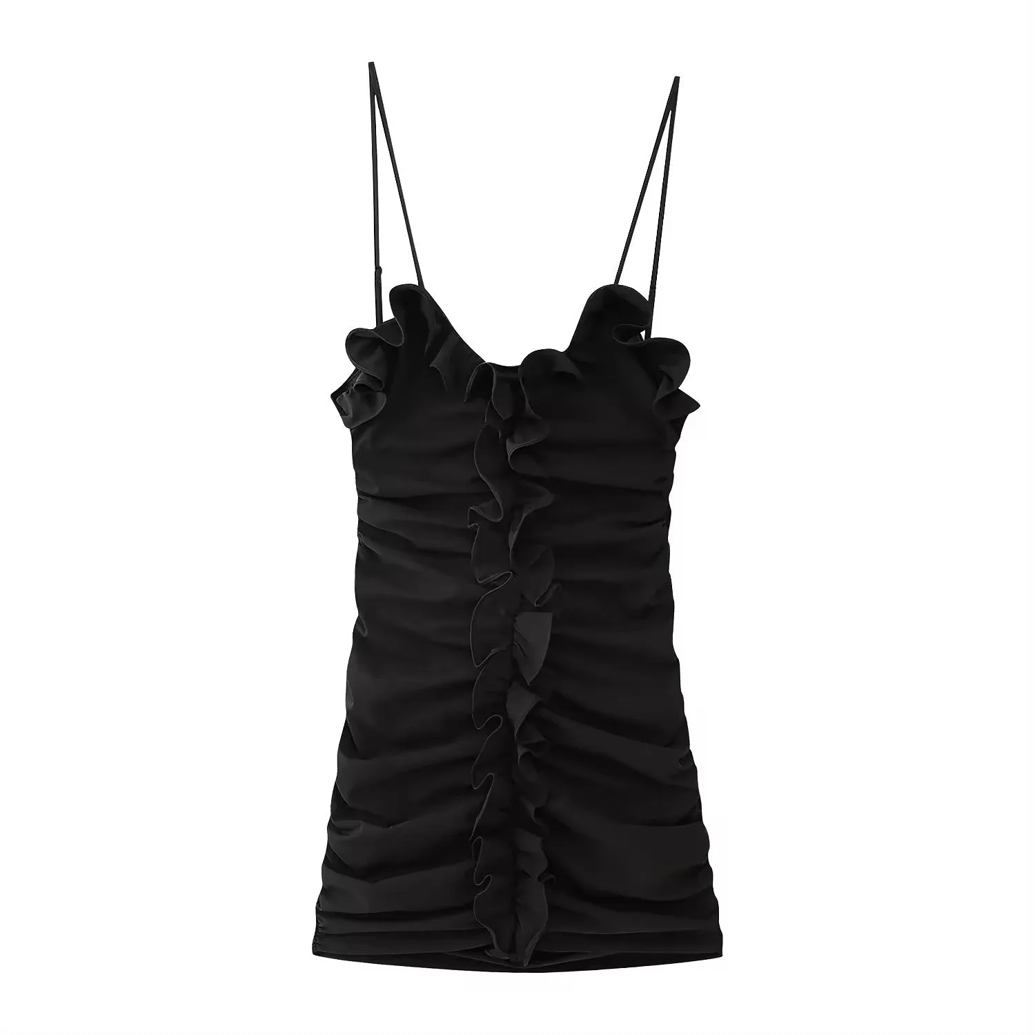 Rexine Black Front Ruffle Mini Dress