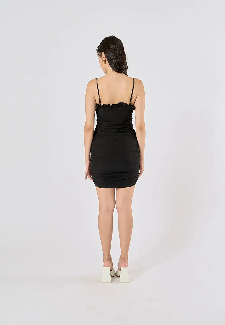 Rexine Black Front Ruffle Mini Dress