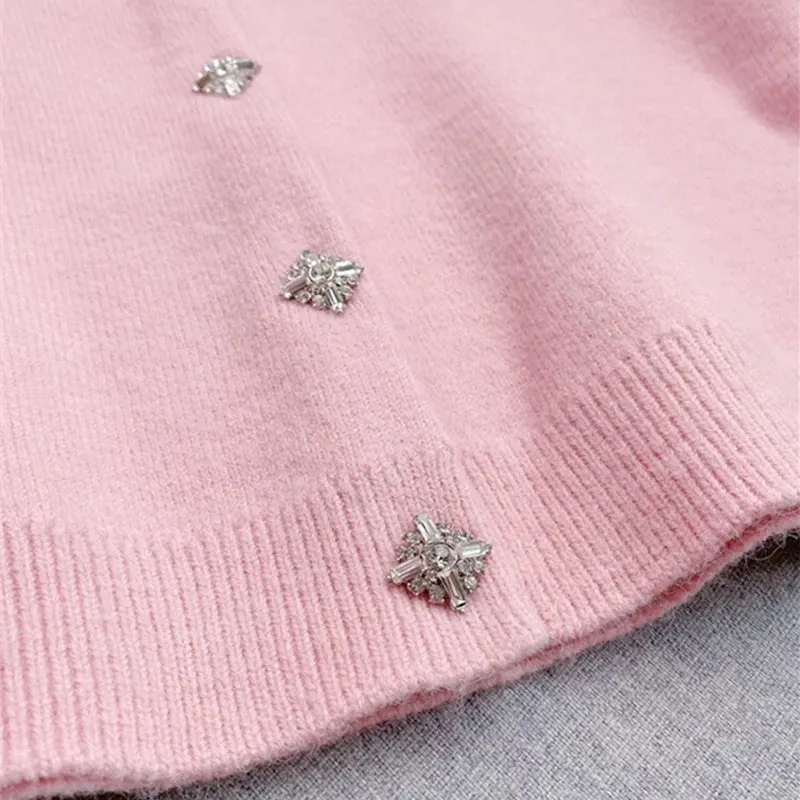Rhinestone-embellishment padded-shoulders knitted cardigan in pink