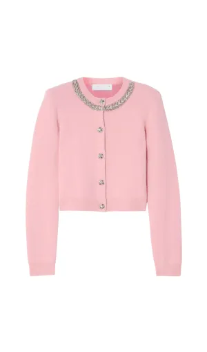 Rhinestone-embellishment padded-shoulders knitted cardigan in pink