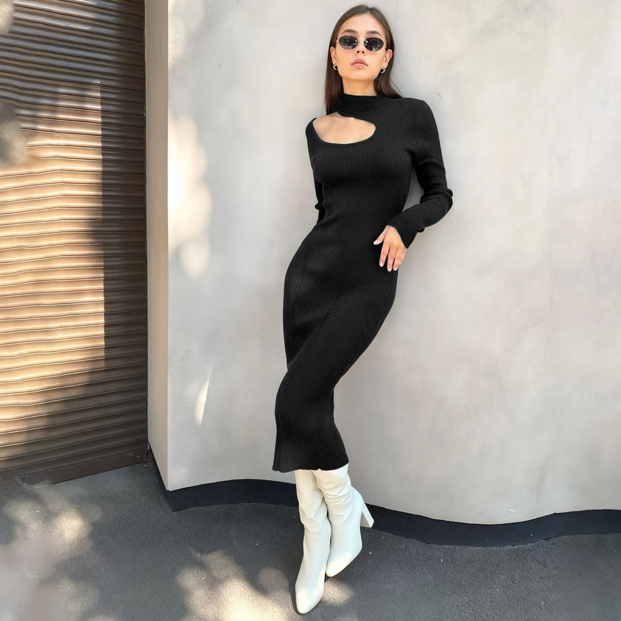 Ribbed Knit Midi Dress with Keyhole Detail