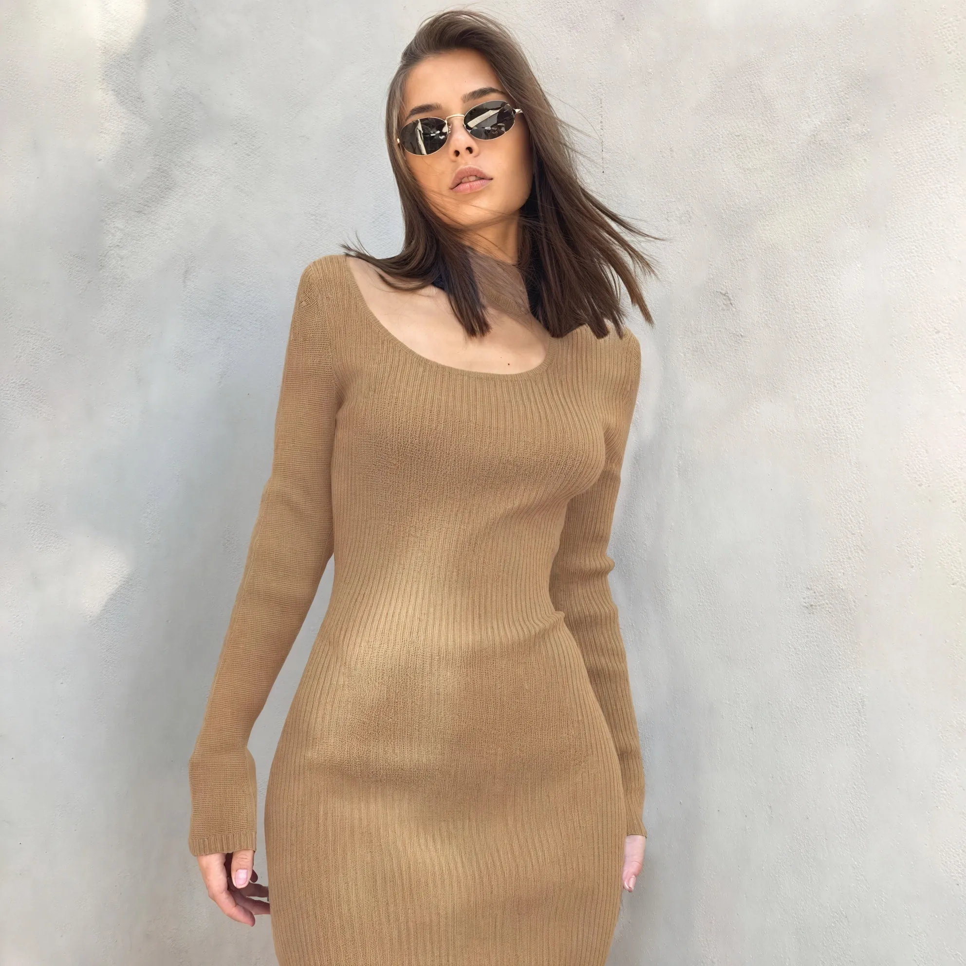 Ribbed Knit Midi Dress with Keyhole Detail
