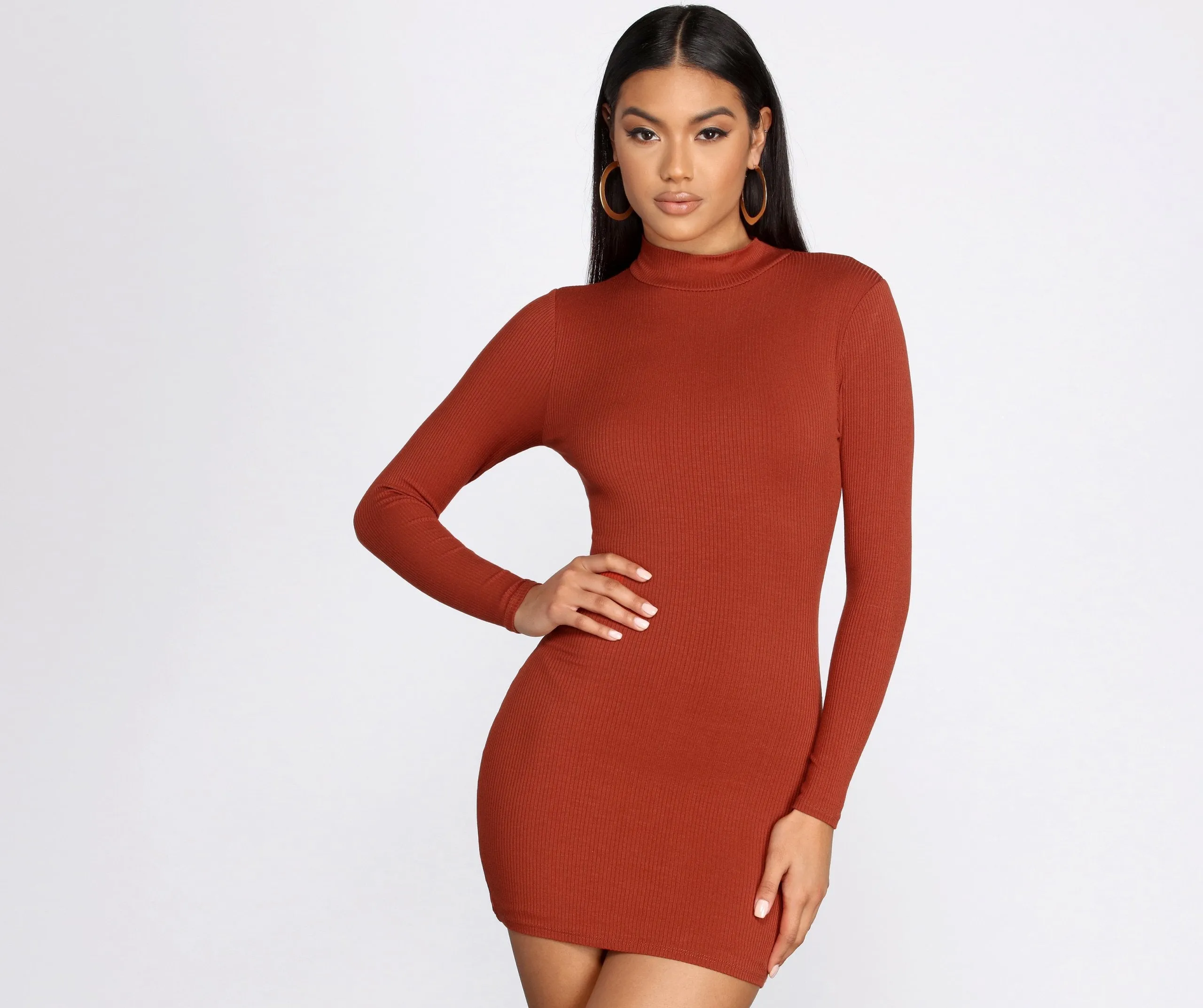 Ribbed Knit Mock Charming Neck Mini Dress