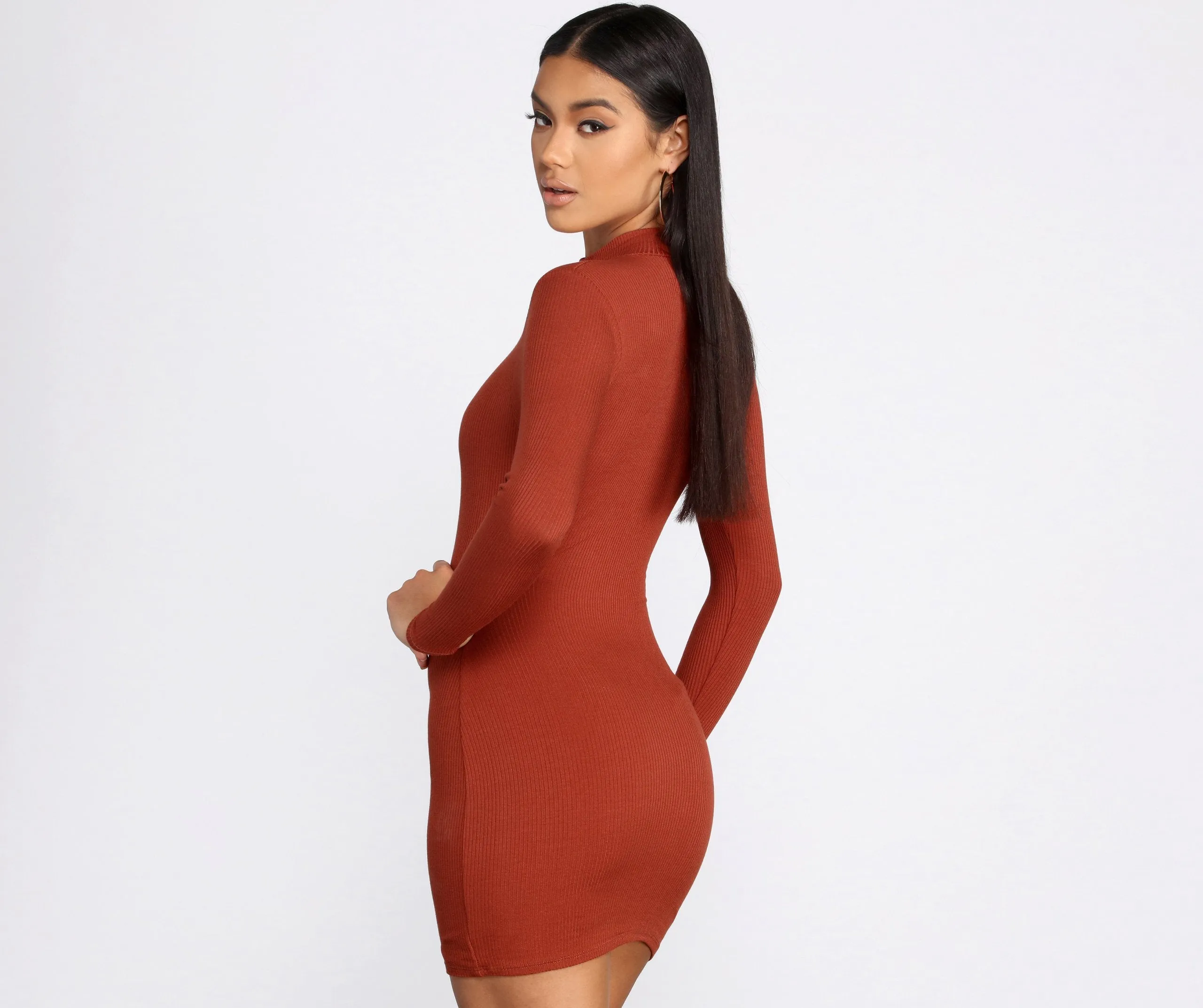 Ribbed Knit Mock Charming Neck Mini Dress