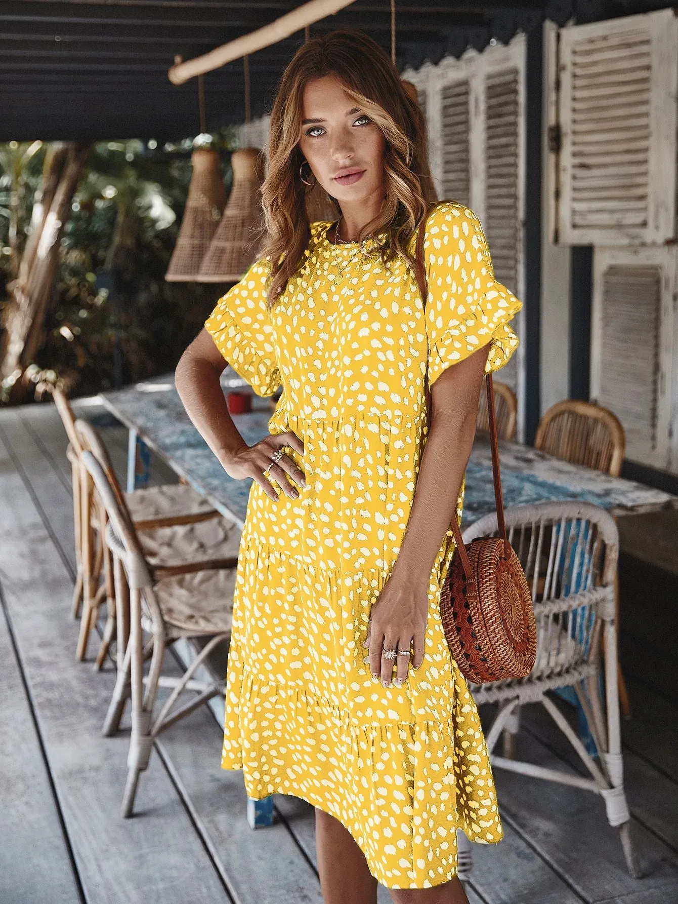 Round Neck Lotus Sleeve Polka Dot Maxi Dress