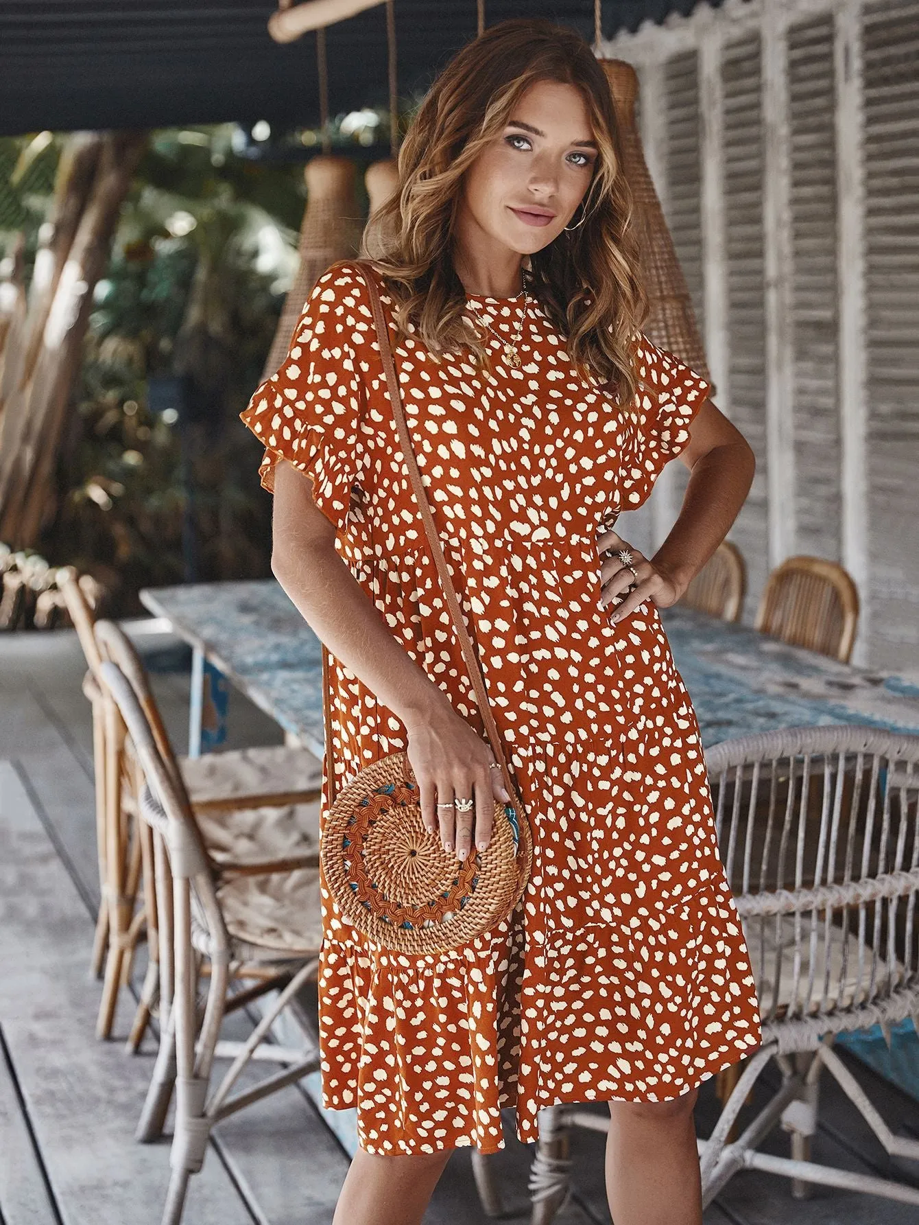 Round Neck Lotus Sleeve Polka Dot Maxi Dress