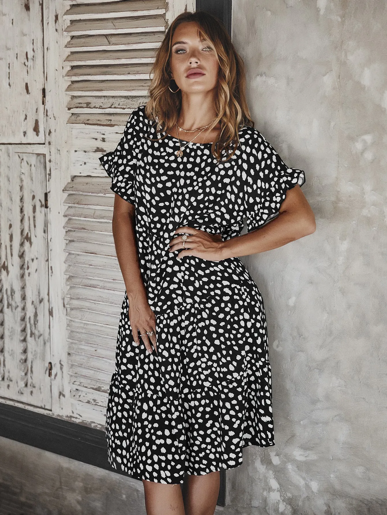 Round Neck Lotus Sleeve Polka Dot Maxi Dress
