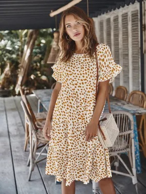 Round Neck Lotus Sleeve Polka Dot Maxi Dress