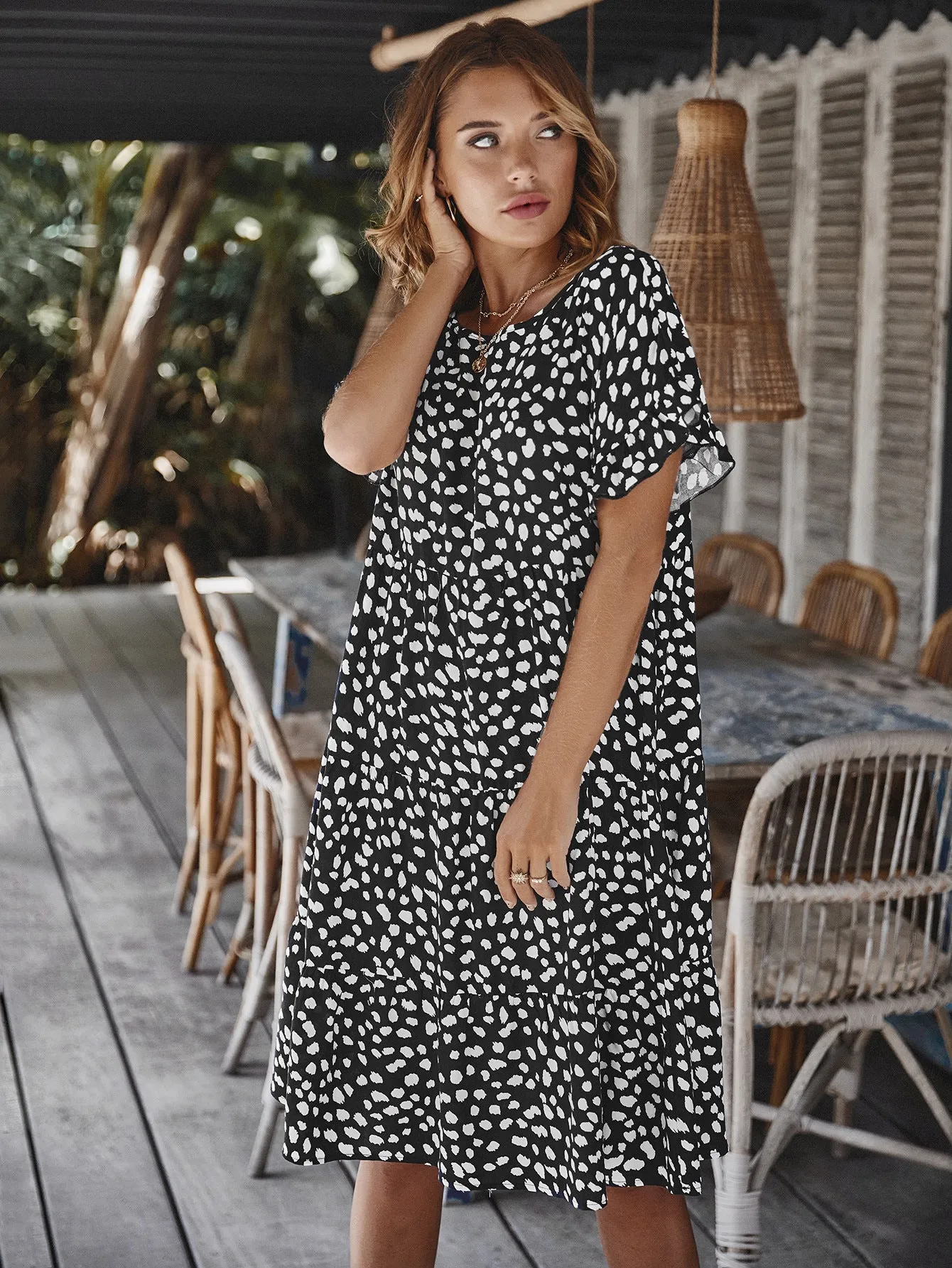 Round Neck Lotus Sleeve Polka Dot Maxi Dress