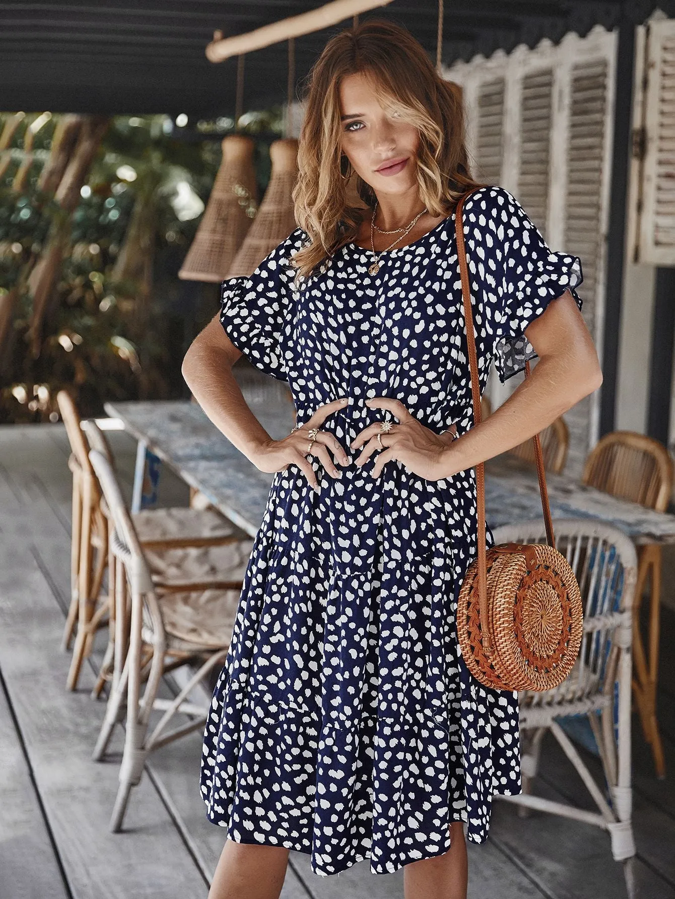 Round Neck Lotus Sleeve Polka Dot Maxi Dress
