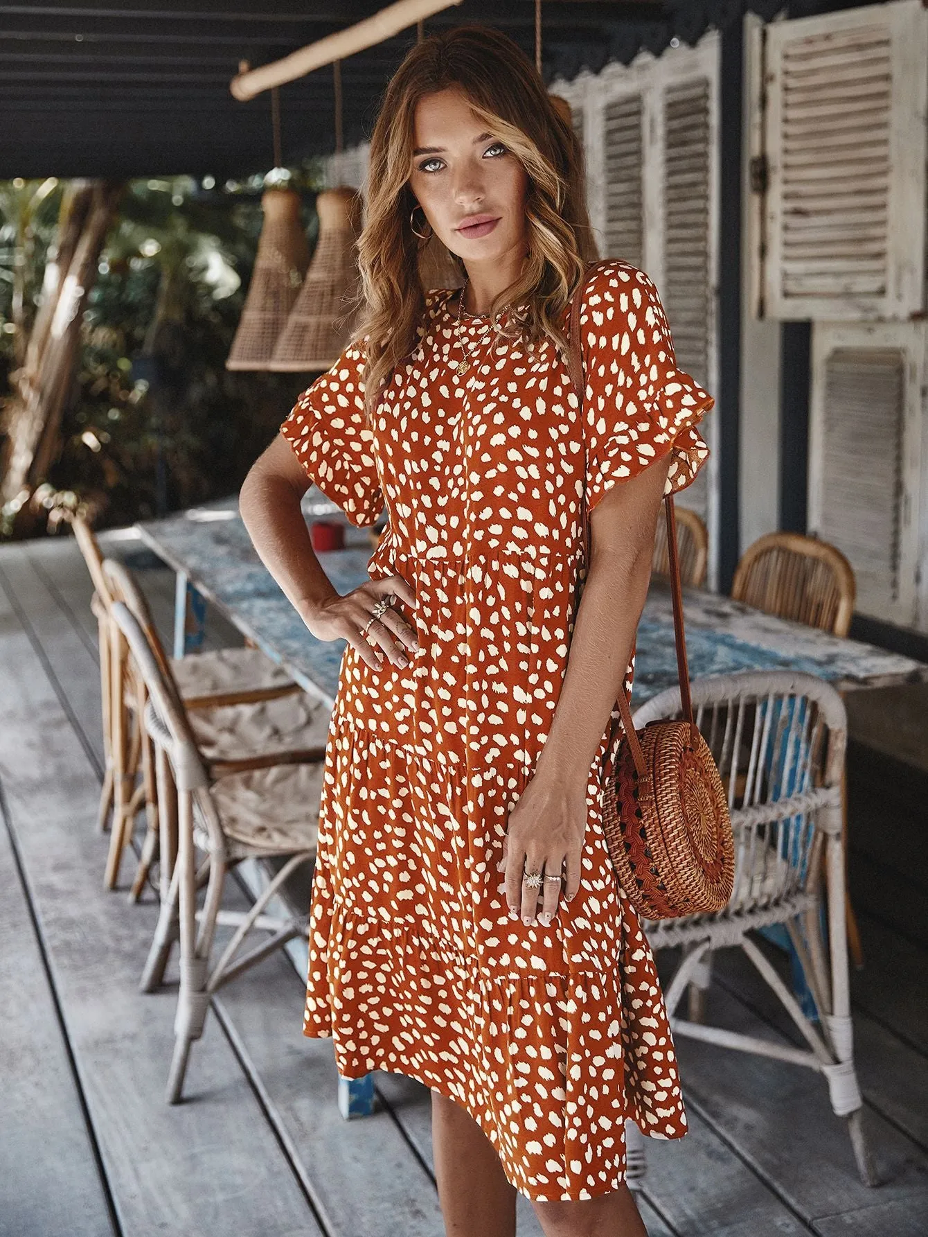 Round Neck Lotus Sleeve Polka Dot Maxi Dress