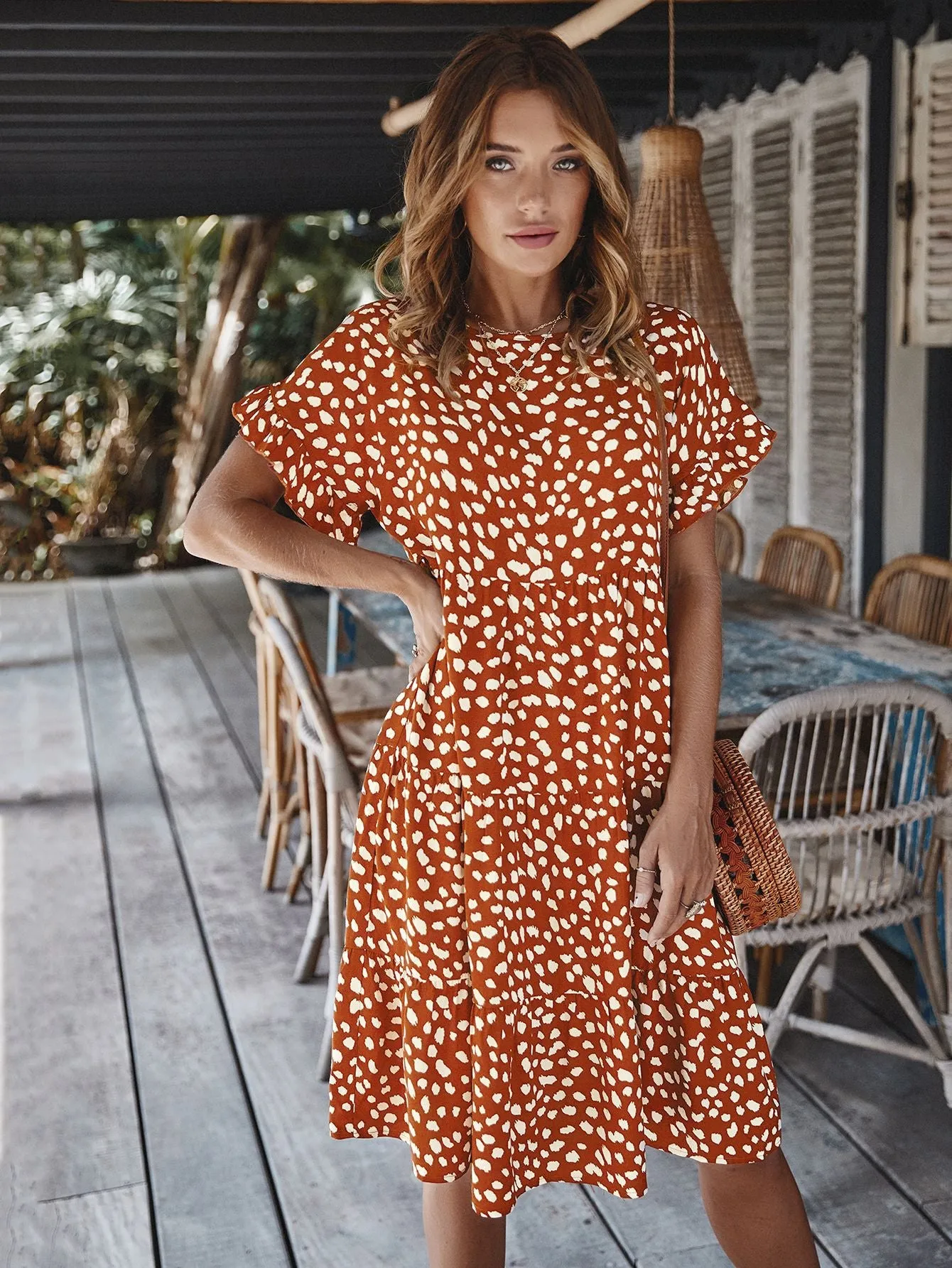 Round Neck Lotus Sleeve Polka Dot Maxi Dress