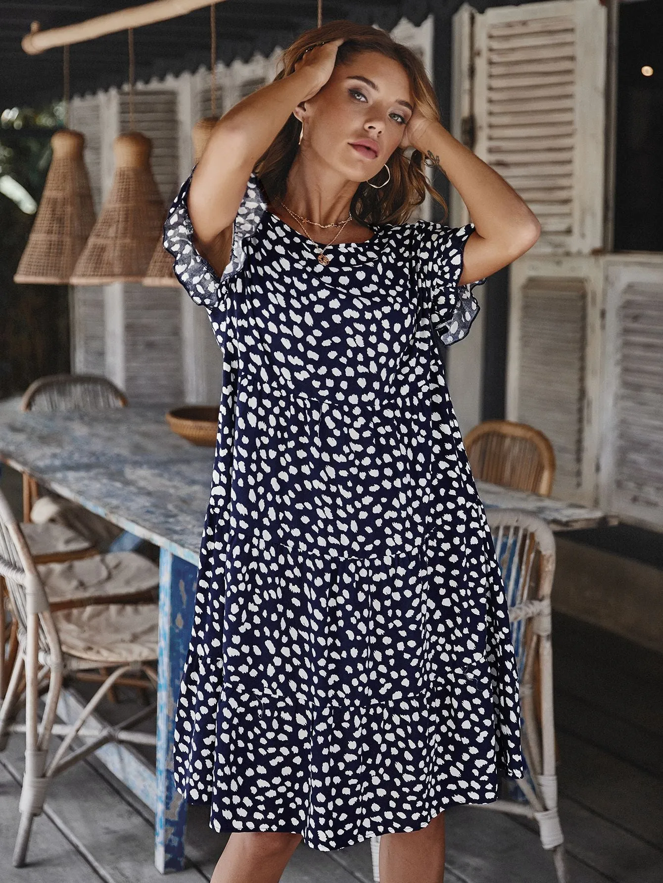 Round Neck Lotus Sleeve Polka Dot Maxi Dress