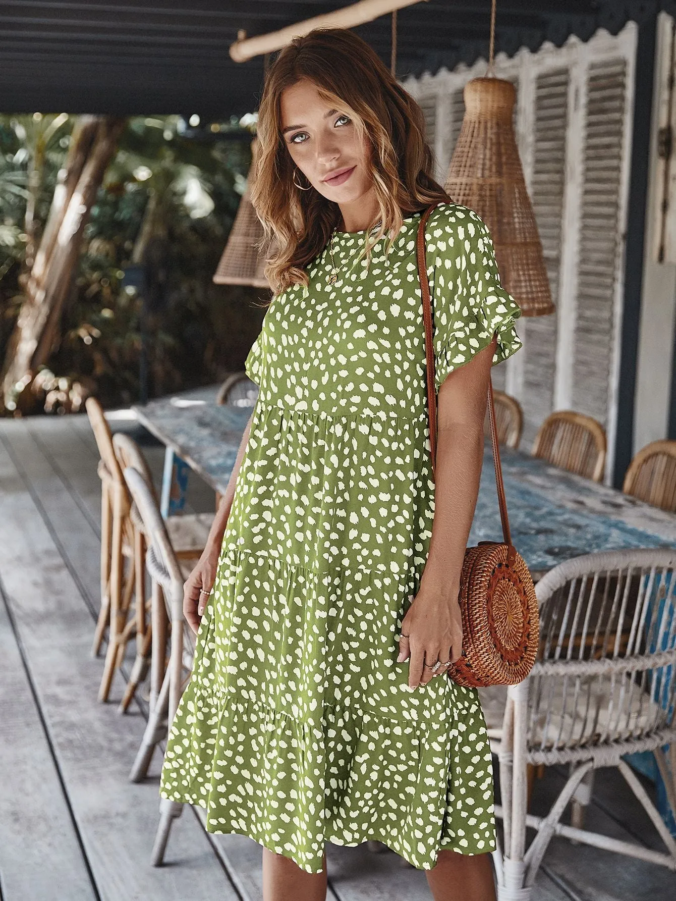Round Neck Lotus Sleeve Polka Dot Maxi Dress
