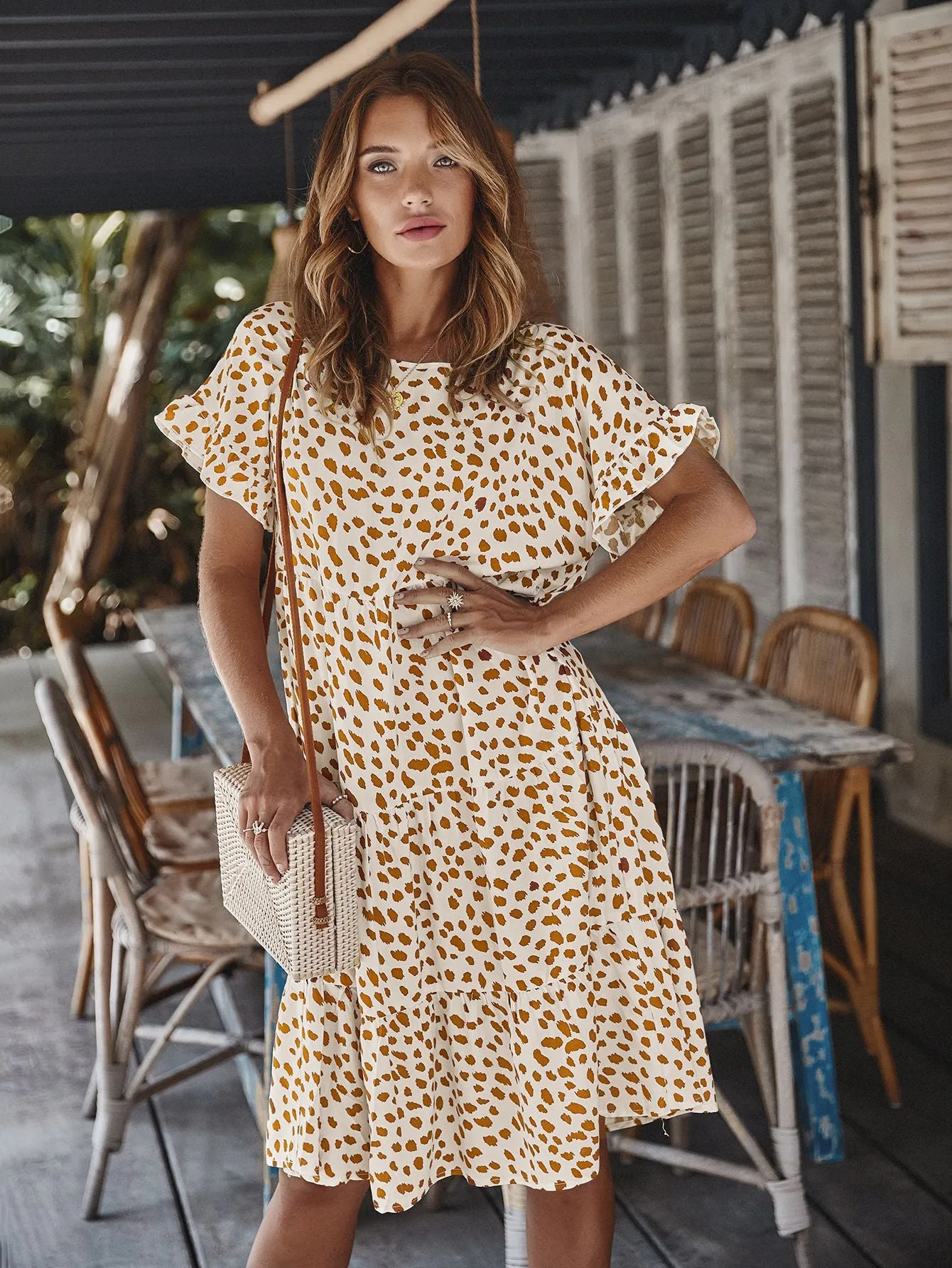 Round Neck Lotus Sleeve Polka Dot Maxi Dress