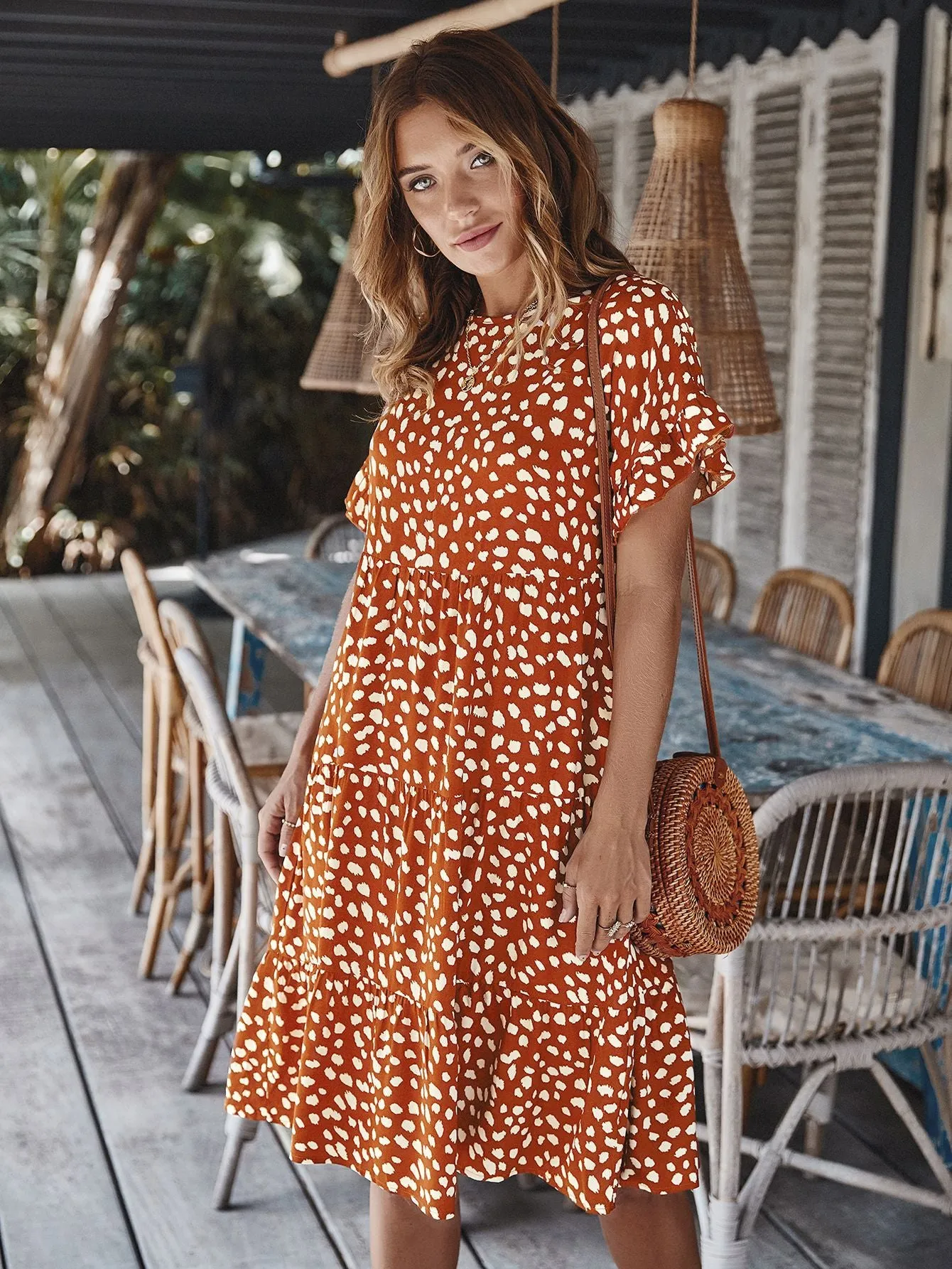 Round Neck Lotus Sleeve Polka Dot Maxi Dress
