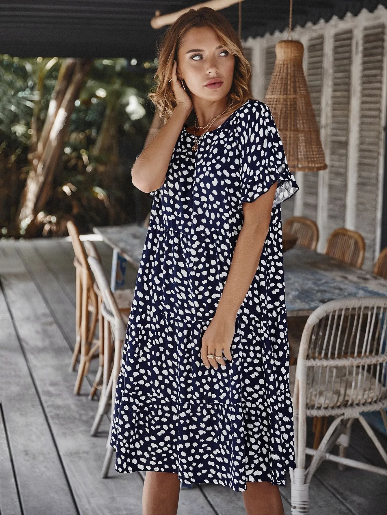 Round Neck Lotus Sleeve Polka Dot Maxi Dress