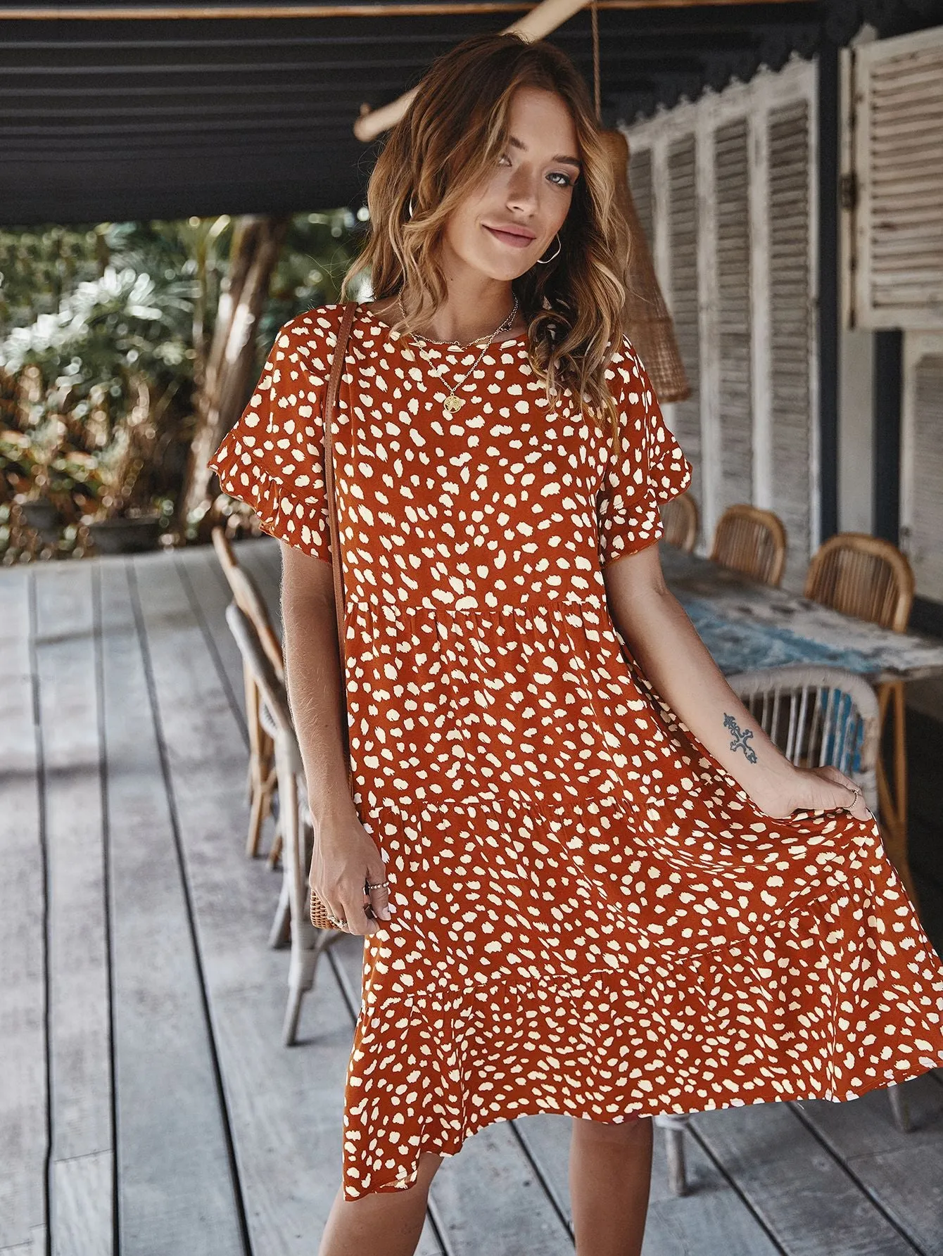Round Neck Lotus Sleeve Polka Dot Maxi Dress