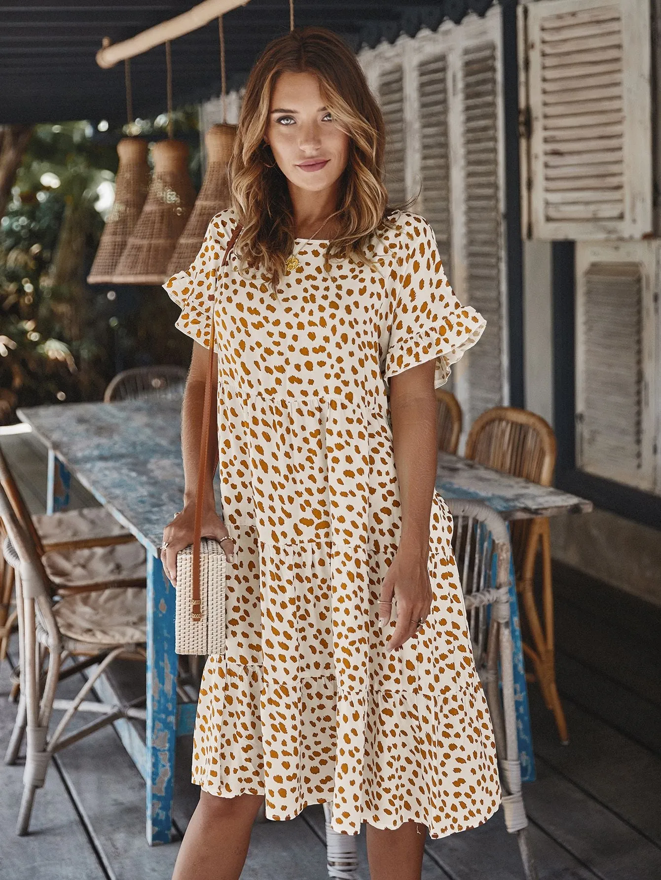 Round Neck Lotus Sleeve Polka Dot Maxi Dress