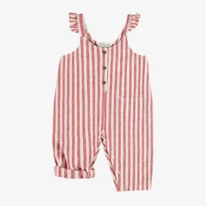 Salopette rouge et crème à rayures en coton et lin, bébé || Red and cream striped overall in cotton and linen, baby