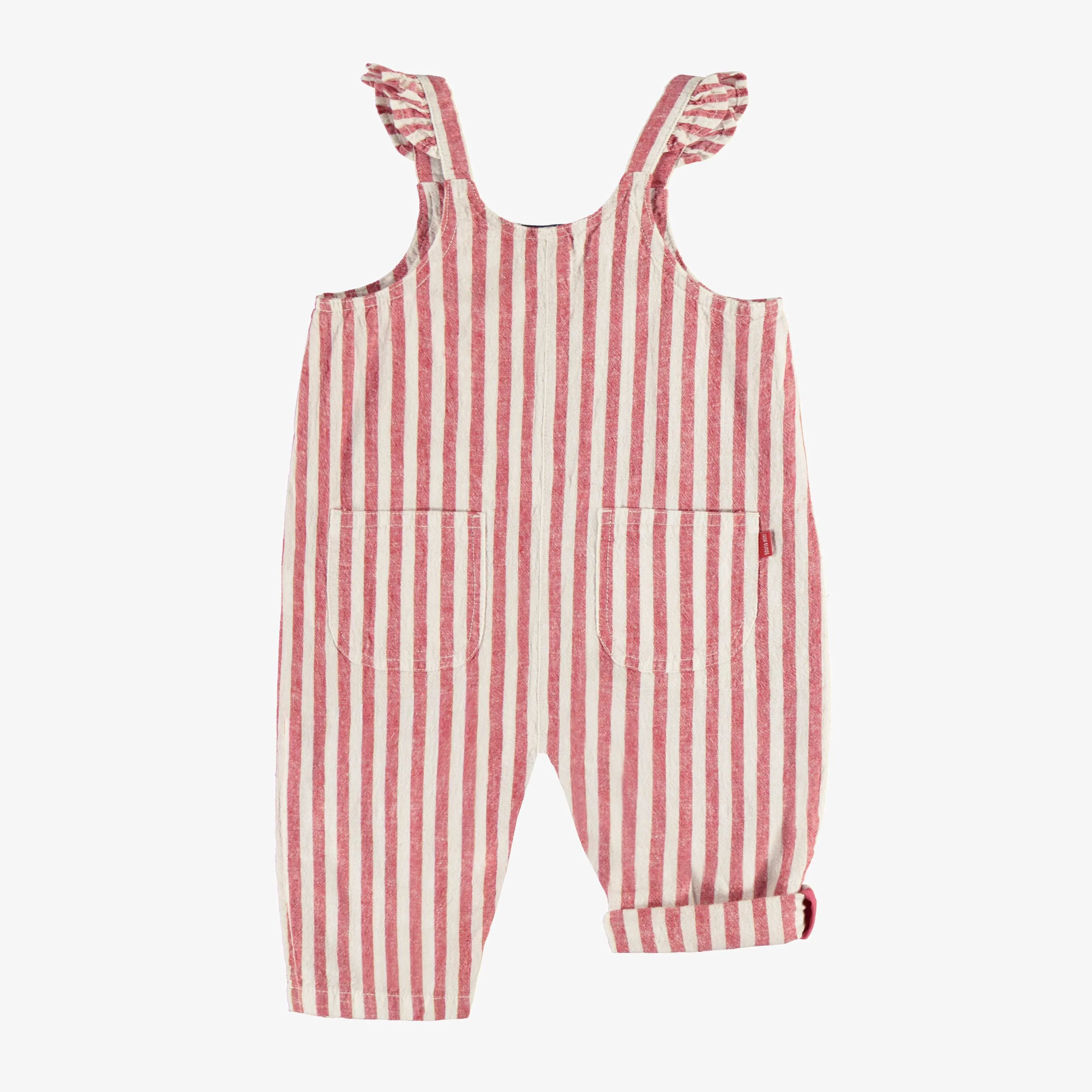 Salopette rouge et crème à rayures en coton et lin, bébé || Red and cream striped overall in cotton and linen, baby