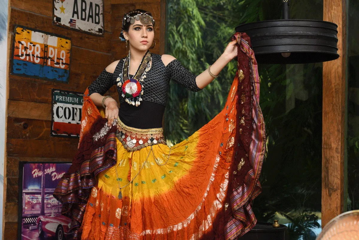 Senoritas skirt yellow orange burgundy with padma border WLS