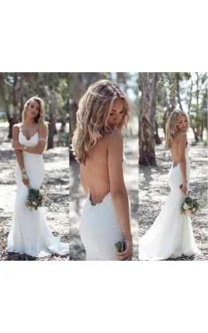 Sexy Spaghetti Straps Deep V Back Mermaid Lace Gown With V Neck-BU_708735