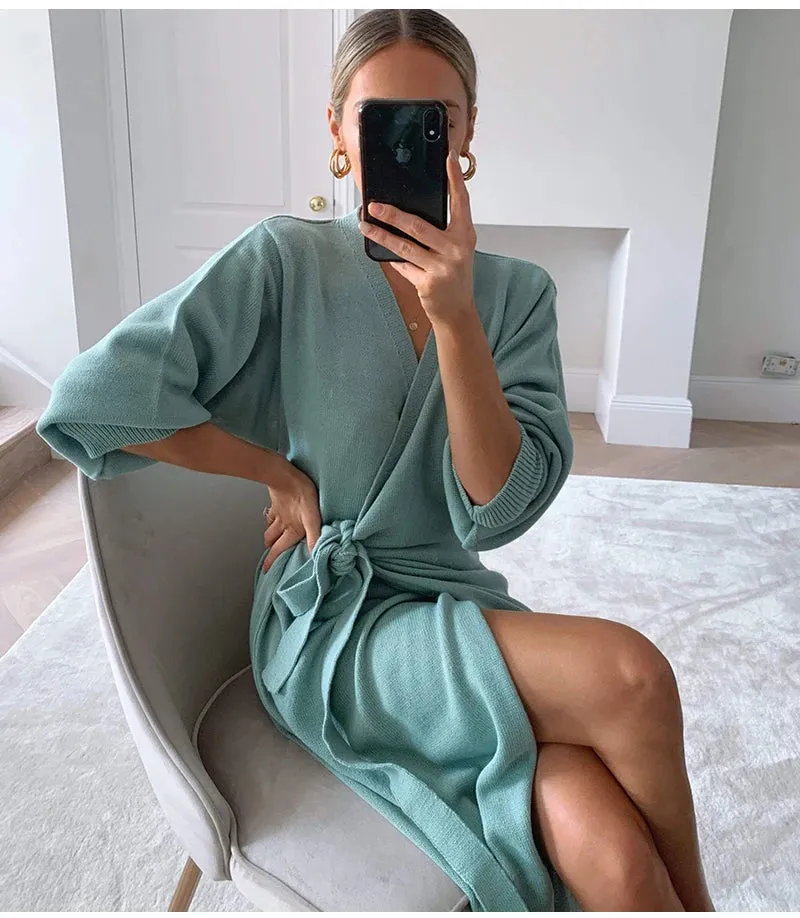 Simplee Casual V-Neck Knitted Home Style Fashion Tube Dress
