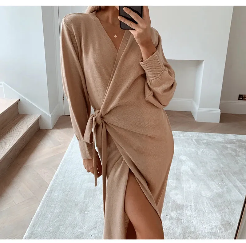 Simplee Casual V-Neck Knitted Home Style Fashion Tube Dress