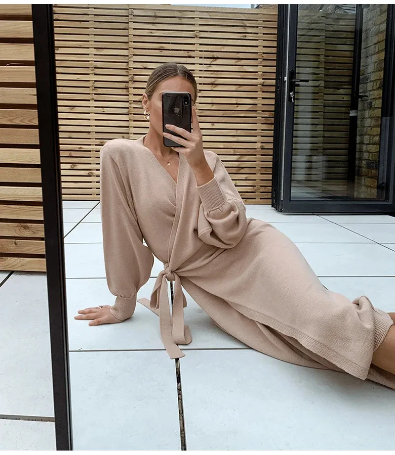 Simplee Casual V-Neck Knitted Home Style Fashion Tube Dress