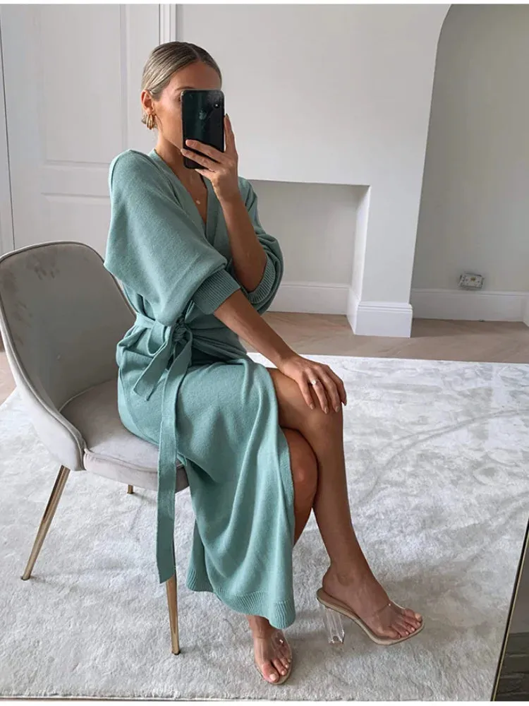 Simplee Casual V-Neck Knitted Home Style Fashion Tube Dress
