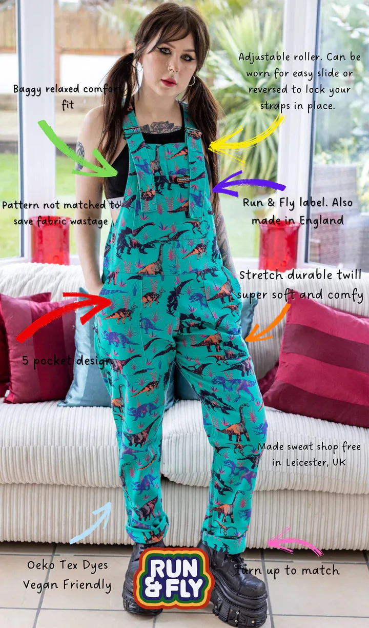 SIZE 3XS* Run And Fly Jade Adventure Dinosaur Stretch Twill Dungarees