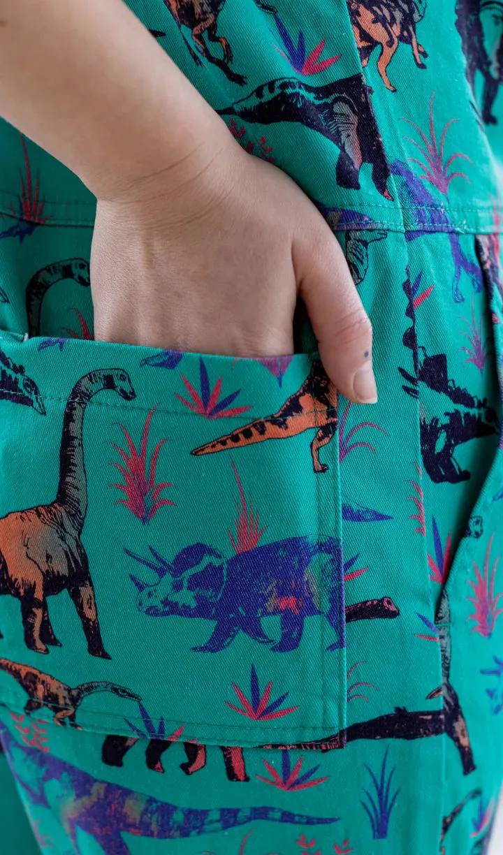 SIZE 3XS* Run And Fly Jade Adventure Dinosaur Stretch Twill Dungarees