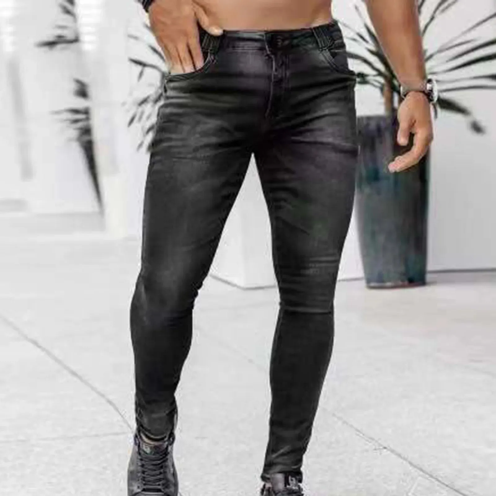 Skinny Stretch Denim Pants Male Slimming Jeans Button Low Waisted Soild Denim Trousers  Side Pockets Mens Jeans Ropa Hombre