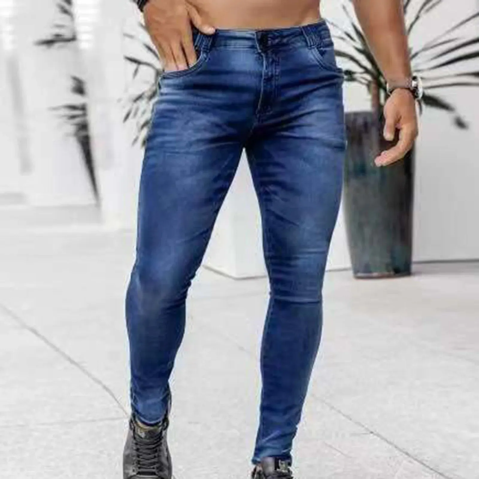 Skinny Stretch Denim Pants Male Slimming Jeans Button Low Waisted Soild Denim Trousers  Side Pockets Mens Jeans Ropa Hombre