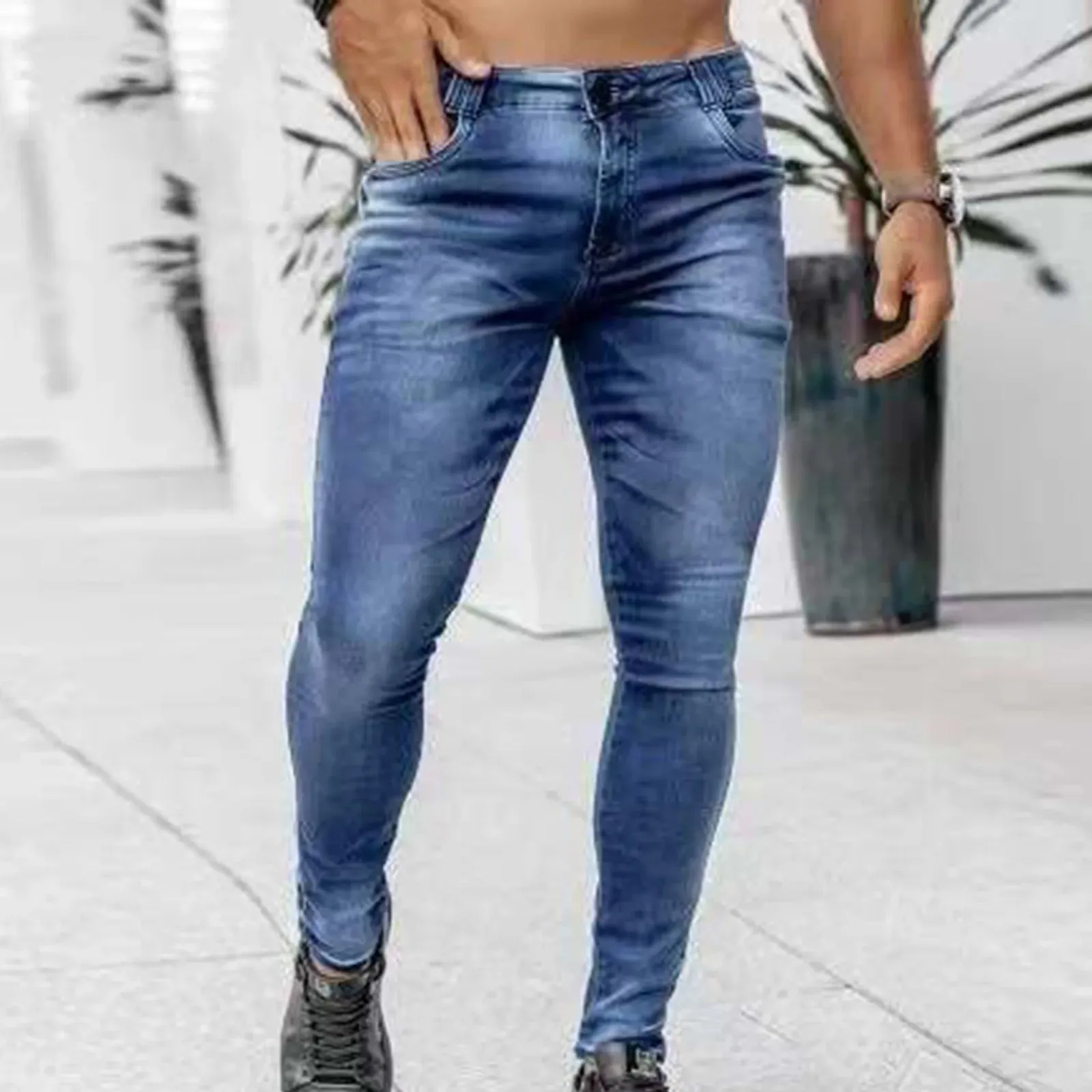 Skinny Stretch Denim Pants Male Slimming Jeans Button Low Waisted Soild Denim Trousers  Side Pockets Mens Jeans Ropa Hombre