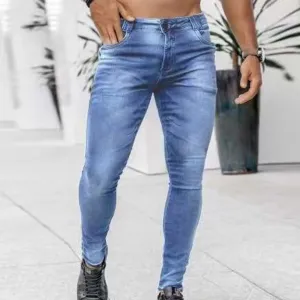 Skinny Stretch Denim Pants Male Slimming Jeans Button Low Waisted Soild Denim Trousers  Side Pockets Mens Jeans Ropa Hombre