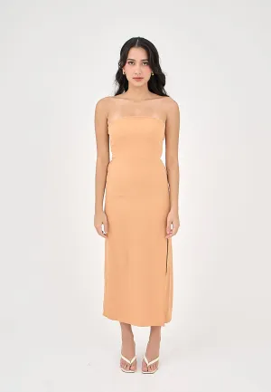 Solana Pastel Orange with Slit Tube Midi Dress
