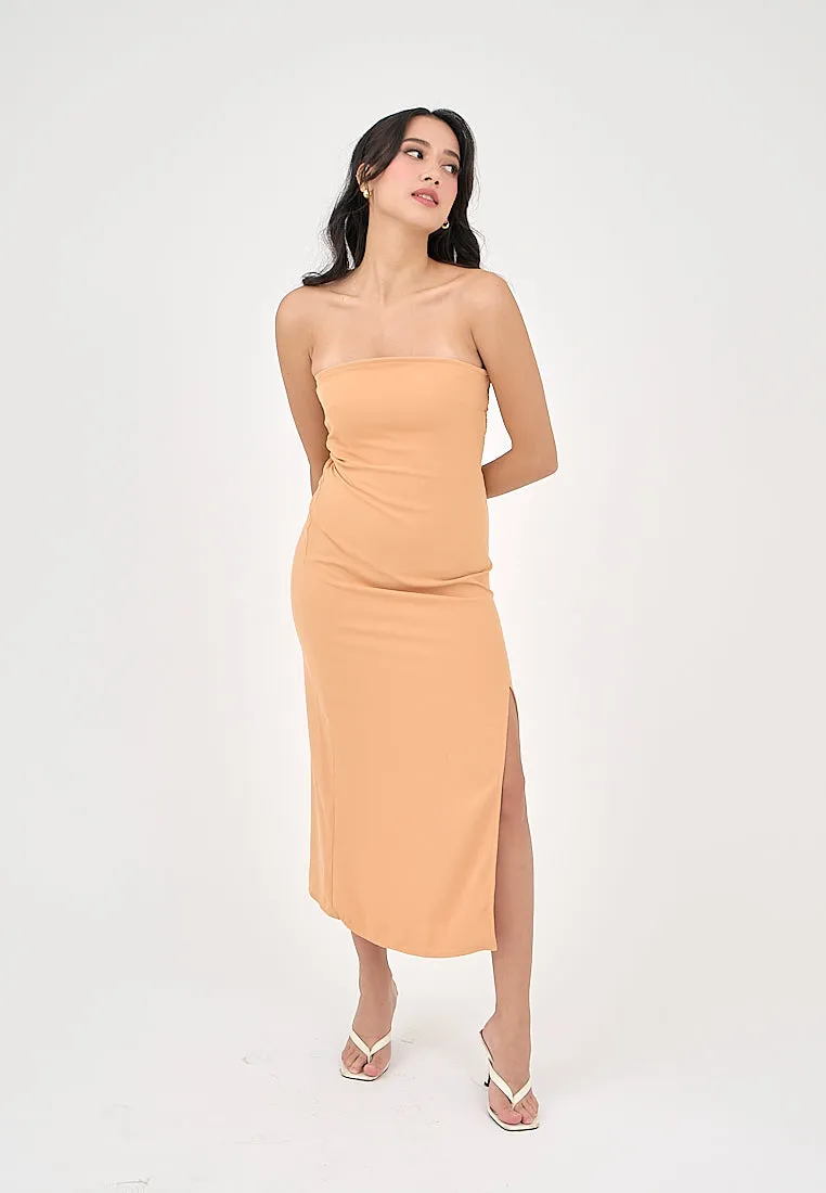 Solana Pastel Orange with Slit Tube Midi Dress