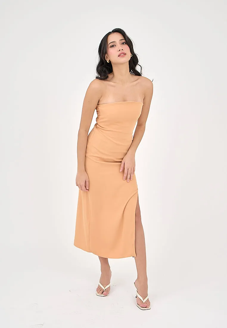 Solana Pastel Orange with Slit Tube Midi Dress