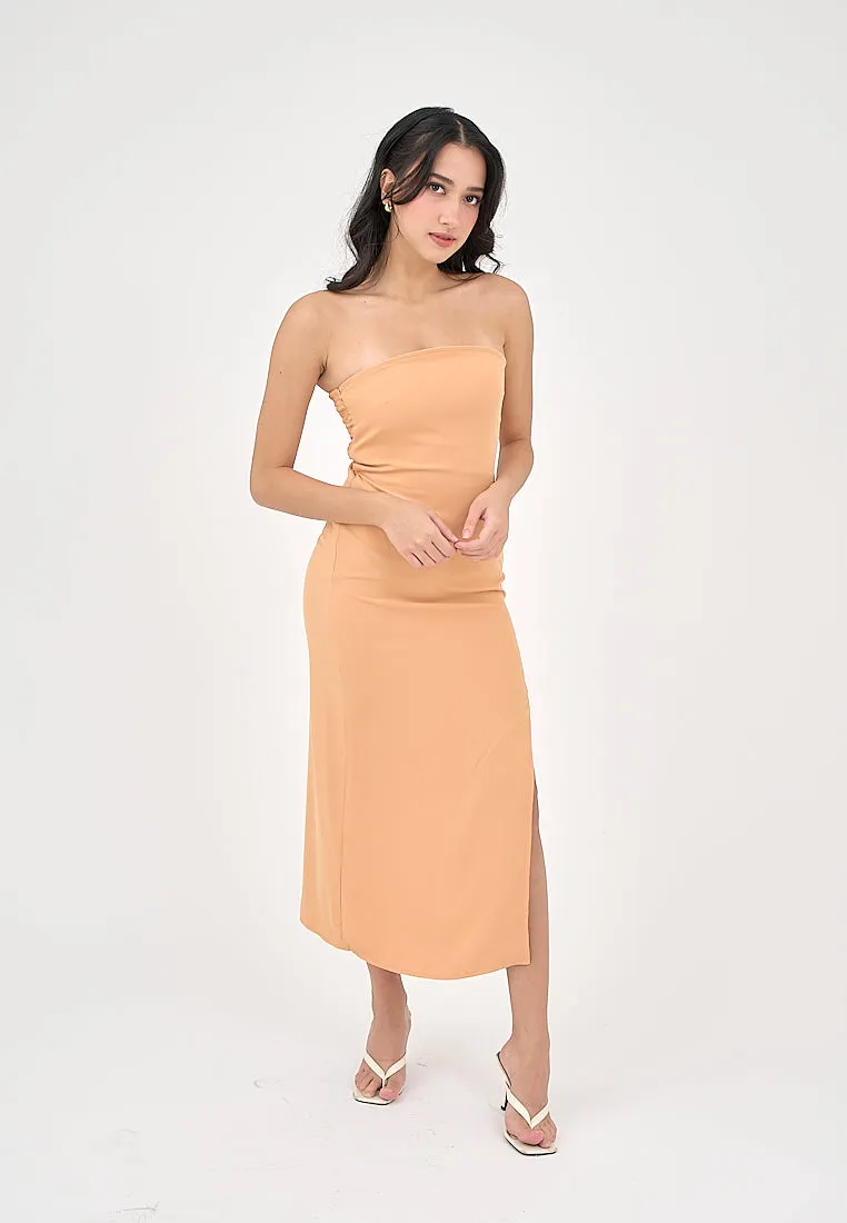 Solana Pastel Orange with Slit Tube Midi Dress